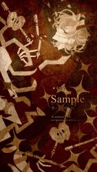  1boy abstract apple black_eyes blonde_hair cheon_inho coat curtained_hair demon_horns feet_out_of_frame film_grain food fruit highres horns looking_at_viewer male_focus nicayuko omniscient_reader&#039;s_viewpoint open_clothes open_coat painterly pen red_coat short_hair smirk solo sparkle 