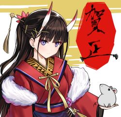  1girl animal azur_lane black_gloves black_hair commentary_request feather_boa gloves hair_ornament hairclip hairpin holding holding_animal horns japanese_clothes kimono long_hair long_sleeves looking_at_viewer mouse_(animal) noshiro_(azur_lane) noshiro_(uncharted_festival_grounds?)_(azur_lane) official_alternate_costume red_kimono skin-covered_horns solo tokisaka_ena violet_eyes wide_sleeves 