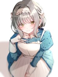  1girl apron blue_dress blush closed_mouth dress floral_print gakuen_idolmaster green_eyes hand_on_lap hand_on_own_chest highres hiwatari_kanae idolmaster looking_at_viewer maid maid_headdress puffy_sleeves short_hair sidelocks smile solo szmymsz twitter_username white_apron 