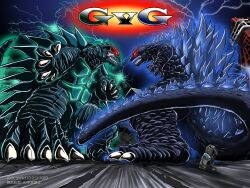  battle claws crossover elbow_spikes fangs gamera gamera_(series) gamera_3:_revenge_of_iris giant giant_monster godzilla godzilla_(minus_one) godzilla_(series) highres jaw kaiju level_herock long_tail monster no_humans open_mouth red_eyes sharp_teeth spines tail teeth tokusatsu tortoise turtle turtle_shell tusks 