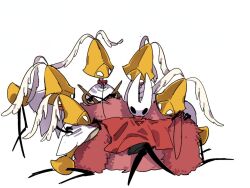  1girl 5others animal_collar arthropod_girl arthropod_limbs black_skin cloak collar colored_skin crossed_legs dual_wielding harem holding hollow_eyes hollow_knight hollow_knight:_silksong horned_mask hornet_(hollow_knight) horns looking_at_another mask multiple_others no_humans oxide_cat second_sentinel_(hollow_knight) simple_background sword weapon white_background white_cloak white_eyes white_mask 
