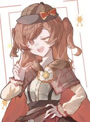  1girl :d absurdres aijou_karen bow brown_cape brown_hair brown_hat brown_shirt buttons cape cockade commentary cosplay deerstalker frilled_sleeves frills hand_on_own_hip hand_up harumi154682112 hashtag-only_commentary hat hat_bow highres inset_border l_hand long_sleeves looking_at_viewer medium_hair official_alternate_costume one_eye_closed open_mouth parted_bangs plaid_cape plaid_clothes red_bow red_cape sherlock_holmes sherlock_holmes_(cosplay) shirt shoujo_kageki_revue_starlight shoujo_kageki_revue_starlight_-re_live- sleeve_bow smile solo sparkle star_(symbol) striped_bow suspenders teeth the_adventures_of_sherlock_holmes two-sided_cape two-sided_fabric two_side_up upper_body upper_teeth_only white_background yellow_bow 
