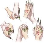  2boys ashiya_douman_(fate) command_spell fate/grand_order fate_(series) fingernails fujimaru_ritsuka_(male) green_nails hand_focus hand_tattoo holding_another&#039;s_finger holding_hands large_hands male_focus multiple_boys seum_(kao_husband) sharp_fingernails simple_background sweatdrop tattoo white_background 