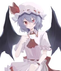  1girl ascot bat_wings closed_mouth collared_shirt cup flying_sweatdrops frilled_cuffs frilled_hat frills hair_between_eyes hand_up hat hat_ribbon highres holding holding_cup mob_cap puffy_short_sleeves puffy_sleeves purple_hair red_ascot red_eyes red_ribbon remilia_scarlet ribbon shirt short_hair short_sleeves simple_background skirt smile solo touhou uro-hito white_background white_hat white_shirt white_skirt wings wrist_cuffs 