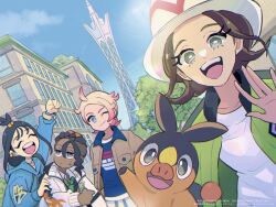 2boys 2girls ahoge black_hair blonde_hair blue_eyes blue_hoodie blue_shirt blue_sky blush breasts brown_hair brown_jacket closed_eyes clouds collared_shirt cube_hair_ornament dark-skinned_male dark_skin day earclip green_eyes green_jacket green_necktie grin hair_ornament harmony_(pokemon) hat hood hood_down hoodie jacket lida_(pokemon) long_hair long_sleeves lumiose_city mogutory multiple_boys multiple_girls naveen_(pokemon) necktie one_eye_closed open_clothes open_jacket open_mouth outdoors pants pokemon pokemon_(creature) pokemon_legends:_z-a prism_tower shirt short_hair sky smile sweatdrop teeth tepig topknot upper_teeth_only urbain_(pokemon) white_hat white_jacket white_shirt 
