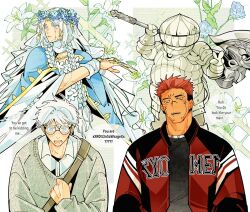  2boys 308albi alternate_costume androgynous armor axe bespectacled bishounen blue_cloak blue_eyes character_name cloak cross-eyed elden_ring english_text eyelashes facial_tattoo flower flower_wreath full_armor glasses gojou_satoru highres holding holding_axe jacket jujutsu_kaisen long_hair multiple_boys orange_eyes red_hair red_jacket round_eyewear ryoumen_sukuna_(jujutsu_kaisen) tattoo teeth upper_body upper_teeth_only veil white_flower white_hair 