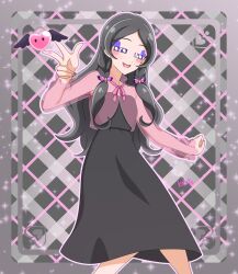  1girl :d =_= absurdres artist_name black_background black_border black_dress black_hair black_theme black_wings blush_stickers border bow braid breasts commentary cowboy_shot curled_fingers diamond-shaped_pupils diamond_(shape) dress facial_mark fingernails gingham_background hair_bow half-closed_eyes heart heart_background heart_facial_mark highres kimi_to_idol_precure legs_apart long_dress long_hair long_sleeves looking_at_viewer meroron_(civilian)_(precure) meroron_(fairy)_(precure) meroron_(precure) neck_ribbon open_mouth outline outside_border parted_bangs pink_bow pink_ribbon pink_shirt precure purple_outline ribbon sakuragawa3710 see-through_clothes see-through_shirt shirt small_breasts smile solo sparkle sparkle_background standing strapless strapless_dress symbol-shaped_pupils twin_braids very_long_hair violet_eyes w wings 