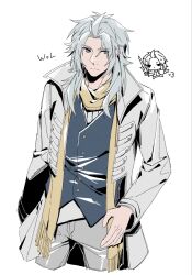  1boy character_name chibi chibi_inset closed_mouth coat cowboy_shot cropped_legs dissidia_duellum_final_fantasy dissidia_final_fantasy final_fantasy final_fantasy_xi grey_hair grey_pants grey_vest highres holding holding_sword holding_weapon long_coat long_hair male_focus official_alternate_costume ooabutter pants parted_lips scarf shirt solo sword vest waistcoat warrior_of_light_(ff1) weapon white_background white_coat white_shirt yellow_scarf 