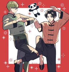  2boys arms_up bandaged_fingers bandages belt belt_buckle black-framed_eyewear black_belt black_hair black_pants black_slippers buckle chinese_clothes commentary glasses green_hair green_shirt grey_eyes highres kiri_se kuroko_no_basuke male_focus mandarin_collar midorima_shintarou multiple_boys open_mouth orange_shirt outstretched_arm own_hands_together panda pants parted_hair sash shirt slippers standing standing_on_one_leg symbol-only_commentary takao_kazunari teeth tongue upper_teeth_only 