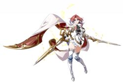  1girl armpits aura belt black_ribbon black_shorts blue_eyes boots breasts cape curtained_hair detached_sleeves dress dual_wielding elbow_gloves floating_cape frilled_dress frills full_body game_cg gloves gold_aura gold_belt gold_trim grin hair_between_eyes holding holding_sword holding_weapon knee_boots knee_guards langrisser langrisser_mobile leg_up long_sidelocks looking_at_viewer medium_breasts medium_hair multicolored_cape multicolored_dress multiple_swords multiple_weapons official_art precia_(langrisser) puffy_sleeves red_cape red_hair ribbon short_dress short_shorts shorts side_slit sidelocks simple_background sleeveless sleeveless_dress smile solo standing standing_on_one_leg sword tachi-e thigh-highs third-party_source transparent_background two-tone_cape weapon white_boots white_cape white_dress white_gloves white_thighhighs zettai_ryouiki 