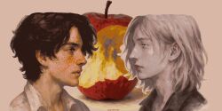  2boys absurdres apple bitten_apple black_hair black_shirt blue_eyes closed_mouth commentary english_commentary expressionless eye_contact food food_bite freckles fruit grey_background gwyndolindo highres inktober lies_of_p long_hair looking_at_another male_focus microsoft_paint_(medium) multiple_boys pinocchio_(lies_of_p) red_eyes romeo_(lies_of_p) shirt white_hair white_shirt 