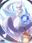  :&lt; closed_mouth copyright_name energy_ball highres looking_at_viewer looking_down mewtwo mimikyu mixed-language_commentary no_humans pink_eyes pokemon pokemon_(creature) pokemon_(game) pokemon_unite suahh twitter_username 