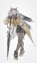  1girl absurdres animal_ears arknights back-mounted_equipment black_shorts black_smoke cat_ears closed_umbrella dark_skin duplicate hairband highres holding holding_weapon huaique jacket leaning leaning_on_weapon long_hair looking_at_viewer messy_hair non-web_source shoes shorts simple_background sneakers staff standing translucent_coat tuye_(arknights) umbrella violet_eyes weapon white_background white_hair yellow_jacket 