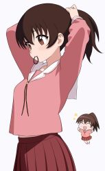  1girl 64vii :d ^_^ alternate_hairstyle arms_up azumanga_daioh azumanga_daioh&#039;s_school_uniform breasts brown_eyes brown_hair chibi closed_eyes commentary cowboy_shot from_side hair_tie_in_mouth hairdressing highres long_hair looking_down medium_breasts midriff_peek mouth_hold open_mouth pink_serafuku pink_shirt pleated_skirt ponytail red_skirt sailor_collar school_uniform serafuku shirt simple_background skirt smile solo takino_tomo tying_hair white_background white_sailor_collar winter_uniform 