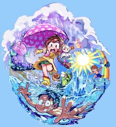  1girl 2boys 87da_chitose :t beach black_hair blue_background blue_male_swimwear blush boots braid brown_hair child clouds flower foreshortening frog goggles goggles_on_head green_skirt highres male_swimwear multiple_boys open_mouth original partially_underwater_shot polka_dot polka_dot_umbrella rain rainbow round_teeth rubber_boots short_hair skirt snail sun swim_trunks swimming teeth teruterubouzu twin_braids umbrella underwater unworn_clothes water waves yellow_boots 