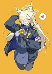  1girl absurdres animal_ear_fluff animal_ears armband blonde_hair blue_archive blue_eyes blue_halo blue_jacket blue_necktie blush commentary_request dog_ears flower gloves halo heart highres holding holding_flower jacket kanna_(blue_archive) long_hair looking_at_viewer necktie ohayonabeno police police_badge police_uniform policewoman rubbing_head sharp_teeth smile solo sunflower teeth very_long_hair yellow_background 