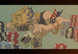  1girl american_flag american_flag_print animal_ears aqua_background arm_on_table armband arms_on_table bare_shoulders between_breasts black_border black_tank_top blonde_hair blue_armband blue_hair border bracelet breasts card card_between_breasts commentary_request cropped_torso flag_print geumog840523 gold_bracelet head_on_arm highres holding holding_card horse_ears invisible_table jewelry joker_(playing_card) king_(playing_card) king_of_spades korean_commentary letterboxed long_hair multicolored_armband multicolored_hair multiple_bracelets nail_polish obey_your_master_(umamusume) playing_card poker_chip print_armband red_armband simple_background solo star_(symbol) star_print streaked_hair tank_top two-tone_hair umamusume umamusume:_cinderella_gray white_armband wristband yellow_nails 