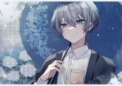  1boy absurdres black_jacket blue_eyes blue_umbrella closed_mouth collared_shirt commentary_request daifuku_mame_(kageroudt33) double-parted_bangs grey_hair hair_between_eyes highres holding holding_umbrella jacket letterboxed long_sleeves male_focus open_clothes open_jacket original portrait rain shirt short_hair solo tears umbrella white_shirt 