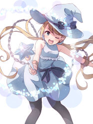  1girl ;d black_bow black_pantyhose blonde_hair blue_eyes blush bow chain dress floating_hair grey_dress grey_hat grey_scrunchie hair_ornament hair_scrunchie hat hat_bow holding holding_wand lens_flare long_hair low_twintails one_eye_closed pantyhose rta-chan rta_in_japan scrunchie short_dress sleeveless sleeveless_dress smile solo twintails very_long_hair wand white_background witch_hat yakka 