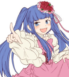  1girl blue_eyes blue_hair bow commentary_request dress flower furudo_erika highres hswoimuxk0pwr0h_(bbdan) open_mouth pink_bow pointing red_flower red_rose rose simple_background smile solo standing twintails umineko_no_naku_koro_ni upper_body white_background white_dress 
