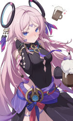  1girl absurdres bare_shoulders beer_mug black_dress black_gloves blue_eyes blush braid breasts citlali_(genshin_impact) closed_mouth cup dress facepaint fenlinhuoshan genshin_impact gloves hair_ornament heart highres long_hair looking_at_viewer mug pink_hair solo 