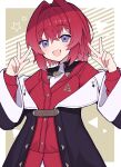  1girl absurdres ange_katrina ange_katrina_(1st_costume) black_coat blue_eyes cardigan coat double_v hair_intakes hair_ornament hairpin highres nijisanji open_mouth poryuyee red_cardigan redhead short_hair smile solo v virtual_youtuber 