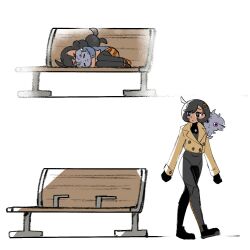  1girl age_progression bench black_bodysuit black_hair black_pantyhose blue_eyes bodysuit bodysuit_under_clothes breasts brown_jacket closed_eyes closed_mouth curled_up dark-skinned_female dark_skin emma_(pokemon) gloves grey_sweater hair_ornament holding holding_pokemon jacket long_hair looking_at_viewer lying mega_stone on_bench on_shoulder on_side orange_shoes orange_skirt pantyhose patch pokemon pokemon_(creature) pokemon_legends:_z-a pokemon_on_shoulder pokemon_xy shoes short_hair simple_background skirt sleeping sweater violet_eyes wanderjegson wooden_bench 