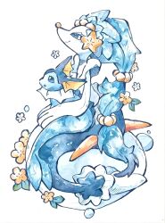  absurdres animal_focus blue_eyes blue_fur blue_sclera cetacean_tail closed_mouth colored_sclera fins fish_tail flower furry gem hair_ornament head_fins highres long_hair open_mouth pearl_(gemstone) pearl_hair_ornament pink_nose pokemon pokemon_(creature) pokemon_focus primarina rai_(rai_kw) sea_lion smile snout starfish_hair_ornament tail vaporeon very_long_hair 