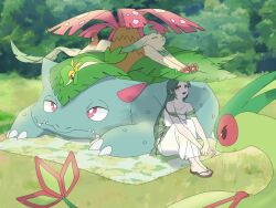  1girl :&lt; animal_hands bright_pupils brown_fur brown_sandals claws closed_eyes dragon dress fangs flygon full_body green_fur green_hair green_vest highres leafeon looking_at_another open_mouth outdoors pawpads picnic_blanket pokemon pokemon_(creature) pp_7762 red_eyes sandals sitting snake snivy stretching venusaur vest white_dress white_pupils yellow_fur 