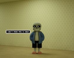  1boy 2024 3d backrooms_(creepypasta) black_shorts blue_jacket ceiling ceiling_light comic_sans commentary dialogue_box digital_media english_commentary english_text fluorescent_lamp full_body garry's_mod_(medium) grey_hood hands_in_pockets hollow_eyes hood hood_down hooded_jacket humanoid indoors jacket liminal_space male male_focus male_only monster monster_boy myiggywanna open_clothes open_jacket paint.net_(medium) pink_slippers sans_(undertale) shirt shorts single_vertical_stripe skeleton slippers socks solo standing striped_shorts teeth text tile_ceiling tiles undead undertale utdr_(toby_fox) vertical-striped_clothes vertical-striped_shorts white_shirt white_socks white_stripes 