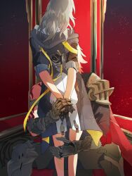  1boy 1girl absurdres armor blonde_hair commission commissioner_upload fusenryo gloves grey_hair highres holding_hands honkai:_star_rail honkai_(series) jacket mydei_(honkai:_star_rail) shoulder_armor sitting stelle_(honkai:_star_rail) tattoo throne trailblazer_(honkai:_star_rail) 