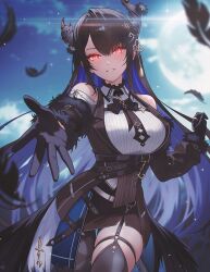  1girl argyle_clothes argyle_pantyhose asymmetrical_horns black_bow black_bowtie black_gloves black_hair black_skirt black_thighhighs black_vest black_wings blue_hair bow bowtie breast_strap breasts clothing_cutout collared_shirt colored_inner_hair commentary dress_shirt english_commentary falling_feathers feather-trimmed_sleeves feathered_wings feathers flower flower_knot framed_breasts full_moon garter_straps gloves glowing glowing_eyes hair_ornament highres hololive hololive_english horn_flower horns large_breasts long_hair long_sleeves looking_at_viewer low_wings miniskirt mole mole_under_eye moon multicolored_hair nerissa_ravencroft nerissa_ravencroft_(1st_costume) night outdoors outstretched_arm pencil_skirt reaching reaching_towards_viewer ribbed_shirt shirt shoulder_cutout side_slit sidelocks single_garter_strap single_leg_pantyhose single_thighhigh sk_jynx skirt slit_pupils solo straight_hair tassel tassel_hair_ornament thigh-highs uneven_horns very_long_hair vest violet_eyes virtual_youtuber white_shirt wings 