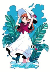  1girl bow brown_eyes brown_hair curly_hair dress full_body hands_on_headwear hat long_hair looking_at_viewer nagino_nichiko original plant short_sleeves solo water 