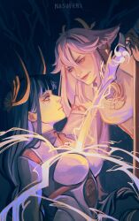  2girls abstract_background animal_ears armor blunt_ends closed_mouth couple drawing_sword electricity english_commentary fake_horns fox_ears fox_girl from_side genshin_impact headpiece highres holding holding_sword holding_weapon horns human_scabbard humanoid_robot japanese_armor japanese_clothes jewelry leaning_back leaning_forward long_hair looking_at_another looking_down looking_up mitsudomoe_(shape) mole mole_under_eye multicolored_hair multiple_girls musou_isshin_(genshin_impact) neck_ribbon nesuferi pendant pink_hair pink_lips purple_hair raiden_shogun raiden_shogun_(magatsu_mitake_narukami_no_mikoto) ribbon robot shade streaked_hair sword sword_between_breasts thick_lips tomoe_(symbol) violet_eyes weapon yae_miko yuri 