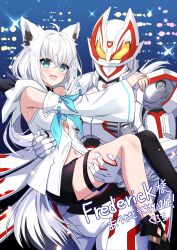  1boy 1girl ahoge animal_ear_fluff animal_ears aqua_eyes armor blue_neckerchief blush bodysuit boost_mark_ix_buckle braid breasts cape commission crossover desire_driver detached_sleeves fox_ears fox_girl fox_mask fox_tail front_slit green_eyes hair_between_eyes helmet highres holding hololive hood hooded_vest hoodie kamen_rider kamen_rider_geats kamen_rider_geats_(series) kamen_rider_geats_ix kurokuro100 long_hair looking_at_viewer mask neckerchief open_mouth pentagram rider_belt shirakami_fubuki shirakami_fubuki_(1st_costume) shorts side_braid sidelocks single_braid single_thighhigh skeb_commission smile tail thigh-highs tokusatsu vest virtual_youtuber white_hair white_hoodie yellow_eyes 