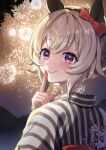  1girl black_hairband blush bow chan_hone_pkpk curren_chan_(umamusume) ear_bow ear_covers finger_to_mouth fireworks floral_print from_behind grey_hair hairband horse_girl japanese_clothes kimono looking_at_viewer looking_back red_bow short_hair solo striped striped_kimono umamusume upper_body vertical-striped_kimono vertical_stripes violet_eyes 
