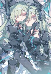  2girls animal_ears arknights bang_dream! bang_dream!_it&#039;s_mygo!!!!! black_bonnet black_dress black_gloves bonnet closed_eyes closed_mouth doll_joints dress dual_persona feet_out_of_frame floppy_ears frilled_dress frills gloves gothic_lolita green_hair hair_ornament hand_on_another&#039;s_cheek hand_on_another&#039;s_face highres joints juliet_sleeves lolita_fashion long_hair long_sleeves looking_at_another looking_at_viewer mortis_(bang_dream!) mortis_(persona)_(bang_dream!) multiple_girls one_eye_closed puffy_sleeves rabbit_ears rabbit_girl sen_(5710265) sidelocks sitting smile wakaba_mutsumi wakaba_mutsumi_(marionette&#039;s_id) x_hair_ornament yellow_eyes 