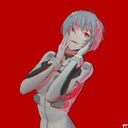  1girl artist_request ayanami_rei bad_source blue_hair blurry bodysuit breasts crazy_eyes crazy_smile hair_between_eyes hands_on_own_face highres interface_headset_(evangelion) looking_at_viewer mecha_pilot_suit neon_genesis_evangelion plugsuit_(evangelion) red_eyes short_hair simple_background smile solo source_request white_bodysuit 