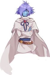  1boy artist_request belt blue_eyes blue_ribbon blue_skin brooch brown_belt cape capelet colored_skin crossed_arms facing_viewer frown gem gunbuster_pose hair_over_one_eye hood hood_down hooded_capelet jewelry long_sleeves looking_at_viewer loose_belt male_focus nexon official_art one_eye_covered pointy_ears purple_hair red_gemstone ribbon second-party_source short_hair simple_background slayers solo split_mouth tales_weaver transparent_background tunic turtleneck turtleneck_tunic white_cape white_capelet white_hood white_sleeves white_tunic zelgadiss_graywords 
