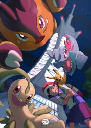  1boy ash_ketchum backpack bag baseball_cap bayleef black_hair blue_jacket blue_shorts brown_eyes closed_mouth crossed_arms fangs grin hat highres jacket leaf lumiose_city night night_sky on_shoulder open_clothes open_jacket open_mouth outdoors pignite pikachu pokemon pokemon_(anime) pokemon_(creature) pokemon_journeys pokemon_legends:_z-a pokemon_on_shoulder popped_collar prism_tower red_eyes red_hat sergiromero sharp_teeth shirt short_hair short_sleeves shorts sky sleeveless sleeveless_jacket smile star_(sky) starter_pokemon_trio tail teeth totodile white_shirt 