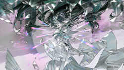  1girl character_request commentary_request copyright_logo copyright_request crop_top highres logo long_hair looking_at_viewer midriff mura_karuki navel official_art outstretched_arm skirt solo tagme very_long_hair 