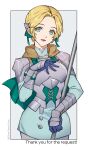  1girl :d absurdres armor blonde_hair blue_dress blue_gloves breastplate cape commentary commission cowboy_shot dress fire_emblem fire_emblem:_three_houses gloves green_cape green_eyes green_ribbon hair_ribbon highres ingrid_brandl_galatea open_mouth pauldrons pixiv_commission ribbon short_dress short_hair shoulder_armor silvercandy_gum smile solo standing vambraces 