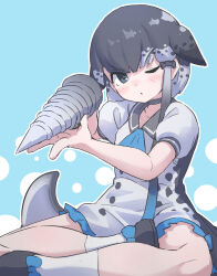 1girl absurdres black_bow black_shoes blue_bow blue_eyes blue_neckerchief blush bow cetacean_tail choker crossed_legs dress fins fish_tail footwear_bow frilled_dress frills grey_choker grey_dress grey_hair hair_bow head_fins highres kemono_friends lowlandgorilla monkey_ears monkey_girl multicolored_hair narwhal_(kemono_friends) narwhal_girl neckerchief one_eye_closed polearm puffy_short_sleeves puffy_sleeves sailor_collar sailor_dress shoes short_hair short_hair_with_long_locks short_sleeves sitting socks solo spear tail two-tone_dress two-tone_hair weapon white_socks
