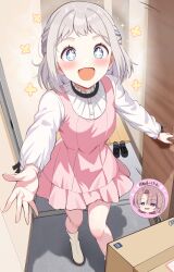  +_+ 2girls absurdres arimura_mao blue_eyes blue_ribbon blush boots braid commentary_request crouching_start doorway dress gakuen_idolmaster grey_hair hair_ribbon half_up_braid highres idolmaster katsuragi_lilja long_sleeves looking_at_viewer multiple_girls open_mouth opening_door package pink_dress pov_doorway ribbon ribbon_braid shoes short_hair sidelocks smile translation_request unworn_shoes white_boots wooden_floor 