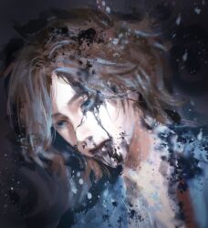  1boy abstract blue_eyes brown_hair closed_mouth empty_eyes hashtag-only_commentary highres ink laozjiujiaolaoz lies_of_p male_focus pinocchio_(lies_of_p) solo 