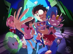 2boys 2girls alolan_form alolan_meowth ayase_momo blue_suit bow bowtie brown_hair commentary cubone dandadan english_commentary enjoji_jin full_body glasses hair_between_eyes highres hisuian_zorua medium_hair meowth miltank multiple_boys multiple_girls open_mouth pink_hair pink_sweater pokemon red_bow red_bowtie school_uniform shadow shiratori_aira_(dandadan) solosis startboii suit sweater takakura_ken_(dandadan) unown watermark