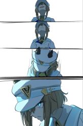  1girl animal_ears ascot blue_cape blue_eyes brown_hair cape cheval_grand_(grand_itineraire)_(umamusume) cheval_grand_(umamusume) disfiro03 ear_covers ears_through_headwear hair_between_eyes hat hat_belt highres horse_ears horse_girl horse_tail jacket multicolored_hair peaked_cap simple_background streaked_hair tail umamusume white_hair white_hat white_jacket yellow_ascot 