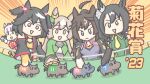  2023 5girls ahoge animal_ears black_gloves black_hair blue_eyes bob_cut brown_eyes brown_hair commentary doll duramente_(umamusume) durezza_(racehorse) ear_ornament elbow_gloves gloves gold_ship_(umamusume) grey_hair hair_ribbon holding holding_doll horse horse_ears horse_girl inuken_(nicoseiga917125) kikuka-sho kitasan_black_(umamusume) long_hair meiner_laurea_(racehorse) multicolored_hair multiple_girls necktie red_eyes red_ribbon ribbon satono_crown_(umamusume) satono_diamond_(umamusume) satono_glanz_(racehorse) side_ponytail streaked_hair tastiera_(racehorse) translated umamusume upper_body white_hair yellow_necktie 