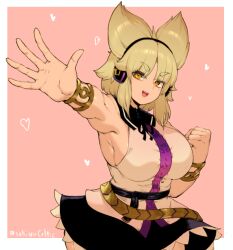  1girl arm_up armpits belt black_belt black_collar black_ribbon black_skirt blonde_hair bracelet breasts clenched_hand collar earphones gold_bracelet hair_horns heart jewelry neck_ribbon open_hand pink_background purple_trim ribbon sekiyu_(spartan) shirt skirt sleeveless sleeveless_shirt smile thick_eyebrows touhou toyosatomimi_no_miko yellow_eyes 