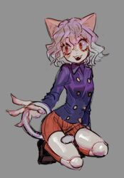  1girl :3 :d animal_ears between_legs blue_shirt buttons cat_ears cat_girl cat_tail collared_shirt dancho_no_mori doll_joints eyelashes fangs fingernails full_body genderswap genderswap_(otf) grey_background grey_hair grey_tail hair_between_eyes hunter_x_hunter joints kneehighs long_sleeves neferpitou open_mouth orange_shorts orange_socks red_eyes ribbed_shorts ribbed_socks sharp_fingernails shirt short_hair shorts simple_background slit_pupils smile socks solo tail tail_between_legs teeth upper_teeth_only 